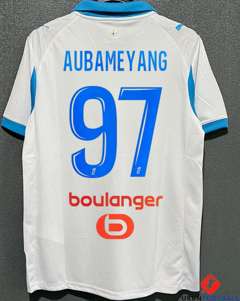 Flocage Aubameyang #10 OM 2024/2025 – Avec Patch Ligue 1 Et Sponsor, Blanc/Bleu